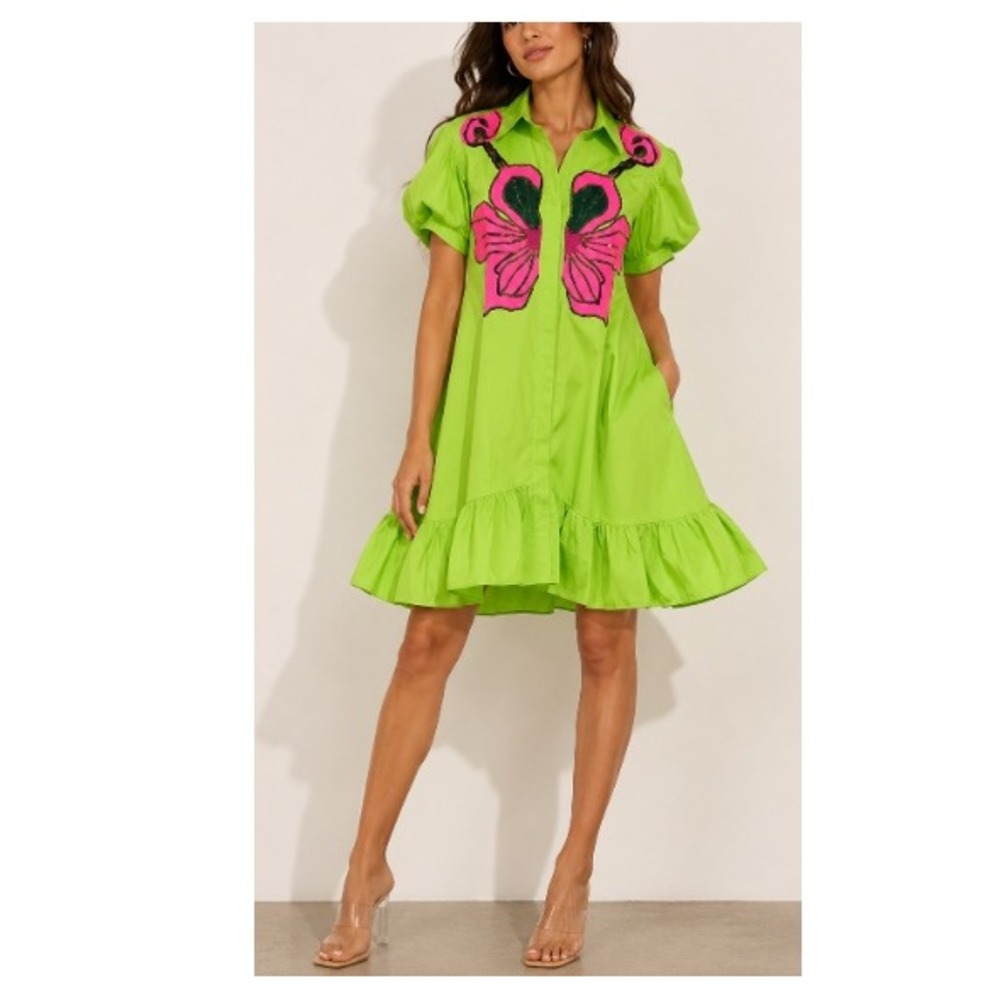 N by Nancy Women's Green Sequin Butterfly Ruffle High Low Shirt Dress Size L NWT